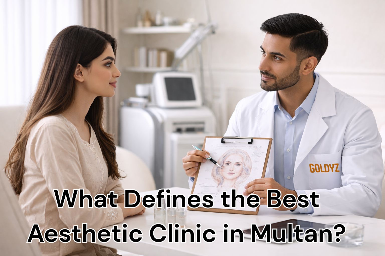 Doctor performing aesthetic consultation at GoldyZ Aesthetics clinic in Multan