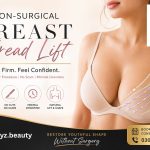 Non-surgical breast thread lift illustration showing lifting threads for sagging breast treatment at GoldyZ Multan Aesthetics