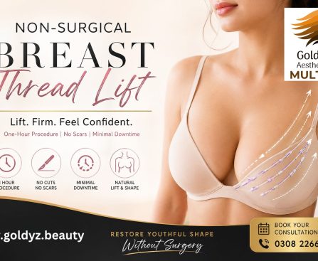 Non-surgical breast thread lift illustration showing lifting threads for sagging breast treatment at GoldyZ Multan Aesthetics