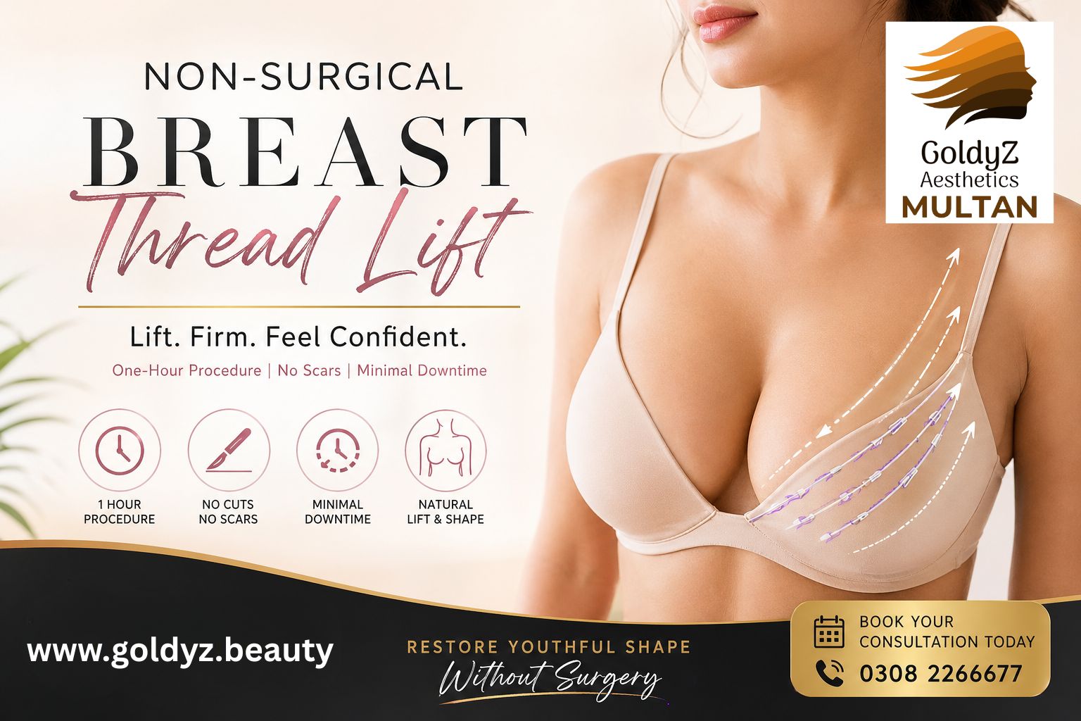 Non-surgical breast thread lift illustration showing lifting threads for sagging breast treatment at GoldyZ Multan Aesthetics
