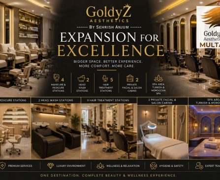 GoldyZ Aesthetics salon expansion showcasing new manicure and pedicure stations, hair treatment areas, private facial cabins, and Turkish and Moroccan spa section designed by Sehrish Anjum.