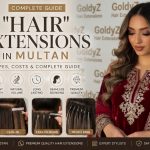Professional hair extensions transformation at GoldyZ Multan Aesthetics showing long, voluminous, glossy waves created using premium human hair extensions with seamless blending and natural finish.