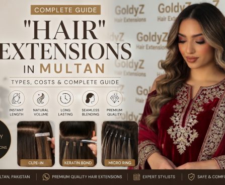 Professional hair extensions transformation at GoldyZ Multan Aesthetics showing long, voluminous, glossy waves created using premium human hair extensions with seamless blending and natural finish.