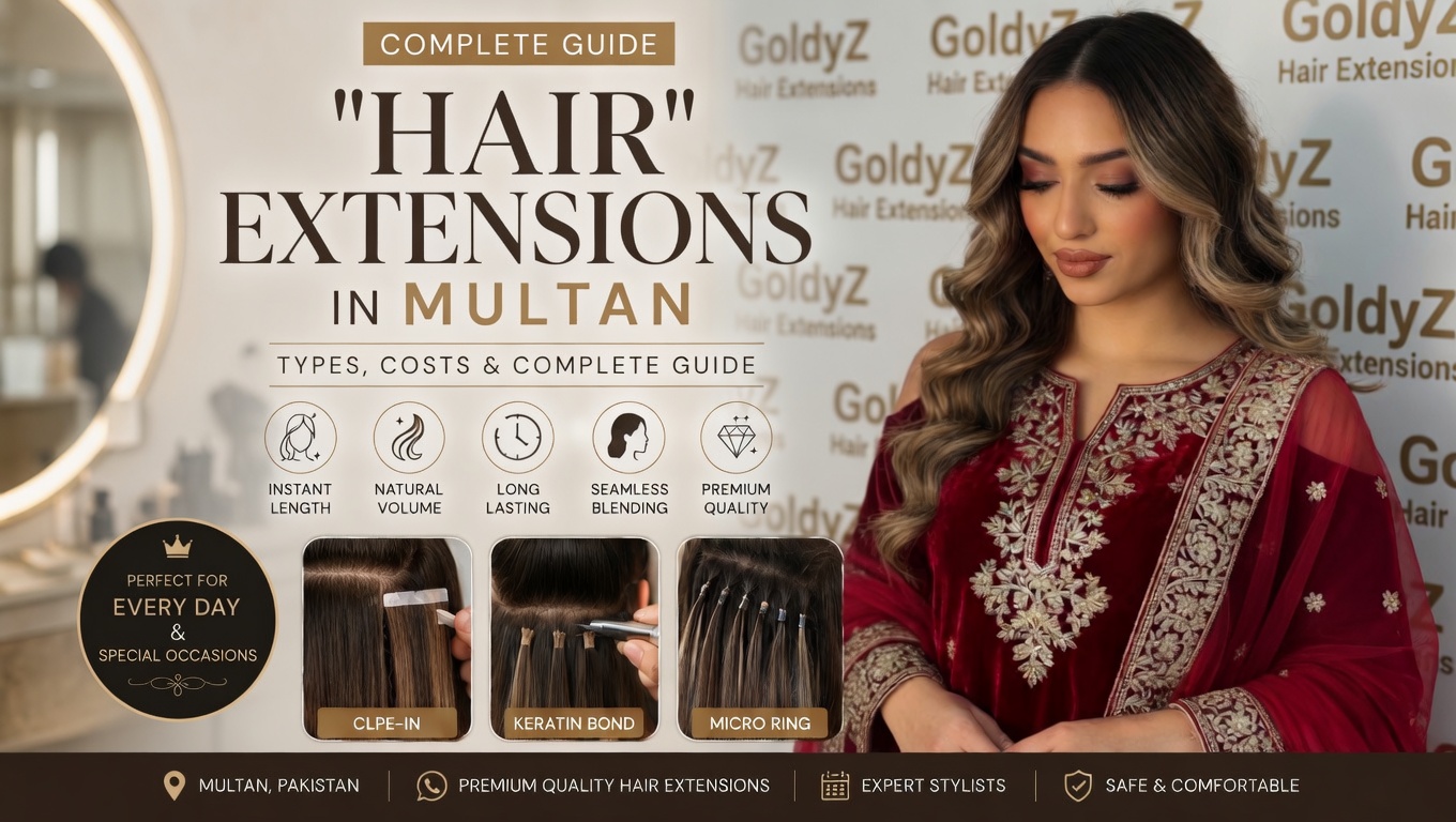 Professional hair extensions transformation at GoldyZ Multan Aesthetics showing long, voluminous, glossy waves created using premium human hair extensions with seamless blending and natural finish.
