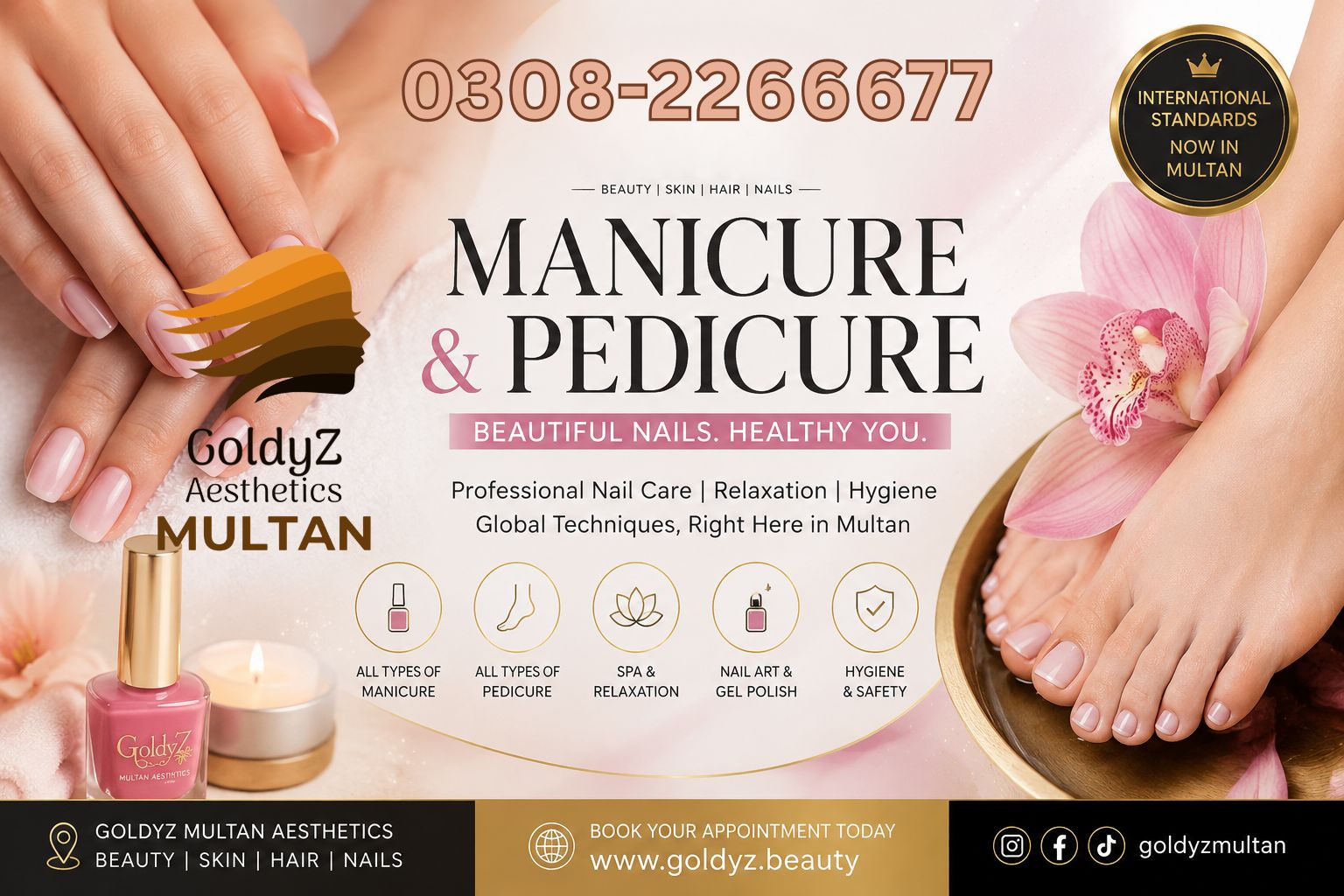 Professional manicure and pedicure services at GoldyZ Multan Aesthetics featuring nail care, spa relaxation, gel polish, and hygienic hand and foot treatments in Multan