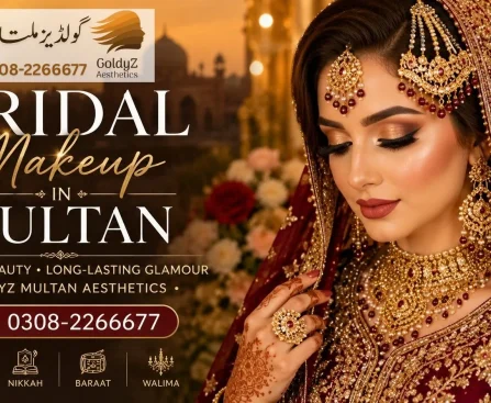 Bridal Makeup in Multan by GoldyZ Multan Aesthetics featuring a Pakistani bride with flawless HD bridal makeup, traditional gold jewellery, maroon bridal dress and elegant bridal hairstyle.