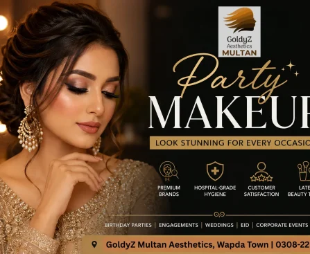 Professional party makeup look in Multan by GoldyZ featuring glamorous HD makeup using premium brands with hospital-grade hygiene standards
