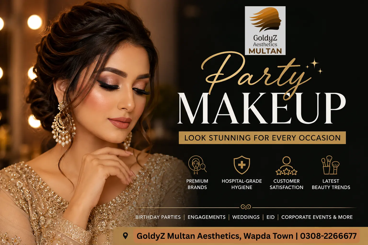 Professional party makeup look in Multan by GoldyZ featuring glamorous HD makeup using premium brands with hospital-grade hygiene standards