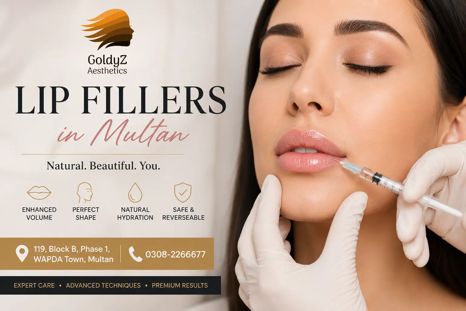 Professional lip filler treatment at GoldyZ Multan Aesthetics using premium hyaluronic acid fillers for natural-looking lip enhancement.