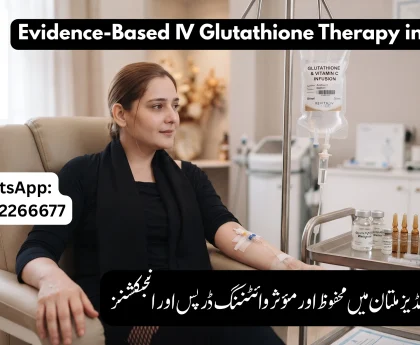 Patient relaxing comfortably during an IV glutathione whitening drip and vitamin infusion therapy session at GoldyZ Multan Aesthetics in Multan
