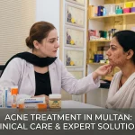 Sehrish Anjum, Clinical Aesthetician in Multan, Pakistan, examining an adult patient’s facial acne during a clinical consultation, with local Pakistani acne treatments like Adapco and Skinoren, and Multani Mitti on the desk.