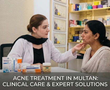 Sehrish Anjum, Clinical Aesthetician in Multan, Pakistan, examining an adult patient’s facial acne during a clinical consultation, with local Pakistani acne treatments like Adapco and Skinoren, and Multani Mitti on the desk.