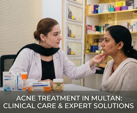 Sehrish Anjum, Clinical Aesthetician in Multan, Pakistan, examining an adult patient’s facial acne during a clinical consultation, with local Pakistani acne treatments like Adapco and Skinoren, and Multani Mitti on the desk.