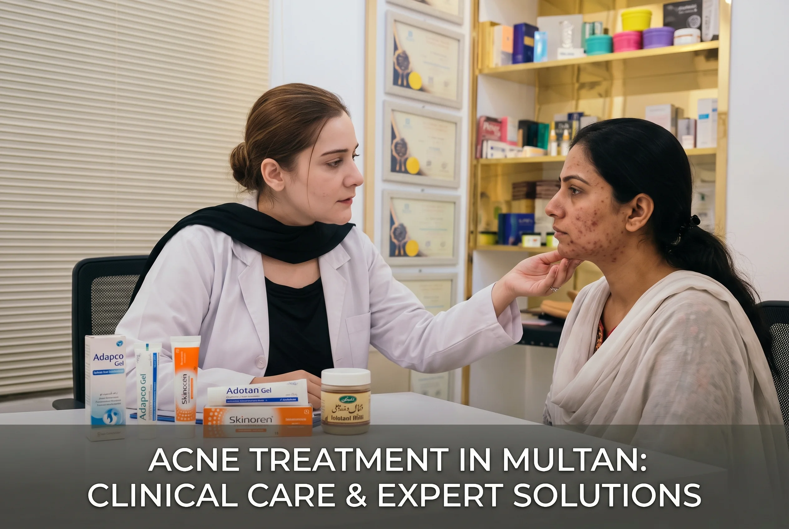 Sehrish Anjum, Clinical Aesthetician in Multan, Pakistan, examining an adult patient’s facial acne during a clinical consultation, with local Pakistani acne treatments like Adapco and Skinoren, and Multani Mitti on the desk.