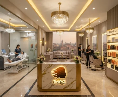 GoldyZ Multan Aesthetics & Salon interior featuring a clinical treatment room and a luxury hair salon under one roof