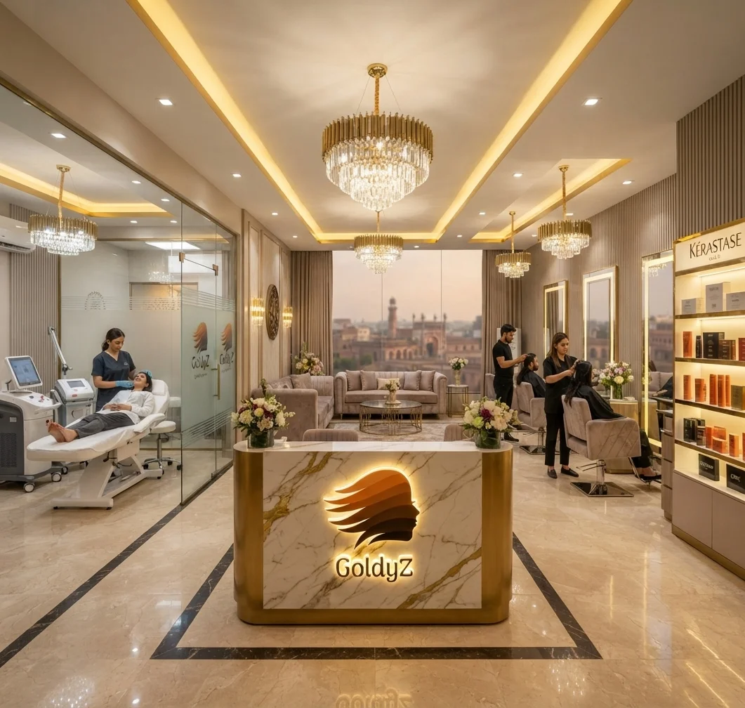 GoldyZ Multan Aesthetics & Salon interior featuring a clinical treatment room and a luxury hair salon under one roof