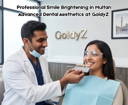 Professional teeth whitening and brightening treatment performed by an expert doctor at GoldyZ Multan Aesthetics in Wapda Town, Multan, showcasing a radiant and confident smile.