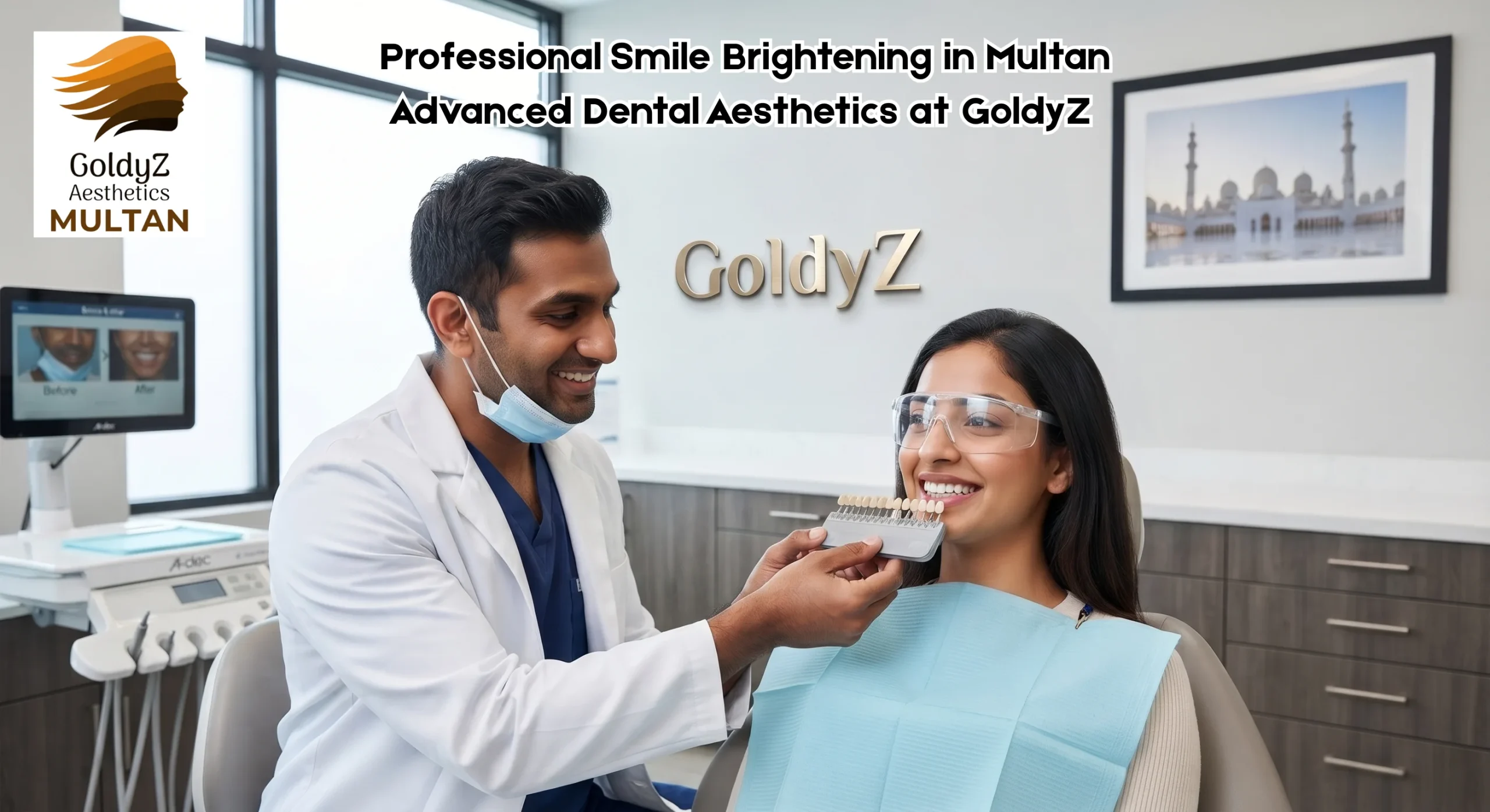 Professional teeth whitening and brightening treatment performed by an expert doctor at GoldyZ Multan Aesthetics in Wapda Town, Multan, showcasing a radiant and confident smile.