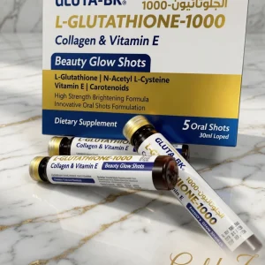 Gluta-BK L-Glutathione 1000 Beauty Glow Shots with Collagen and Vitamin E - 6 oral whitening liquid shots on marble background