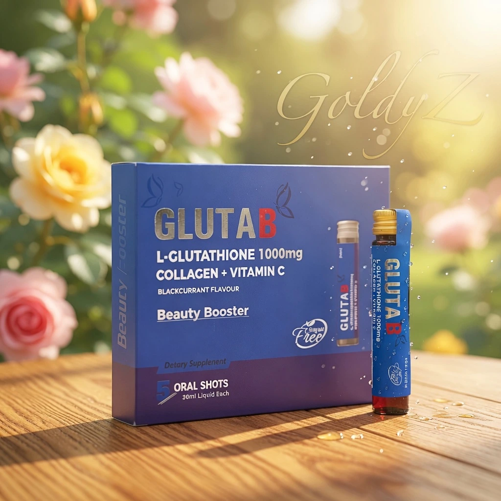 GlutaB L-Glutathione 1000mg liquid oral shots with Collagen and Vitamin C by Maxitech Healthcare - Blackcurrant flavor skin brightening supplement