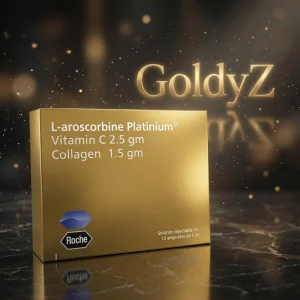 Laroscorbine Platinum Vitamin C Collagen Injection ampoules and packaging by Roche for skin whitening brightening and anti-aging