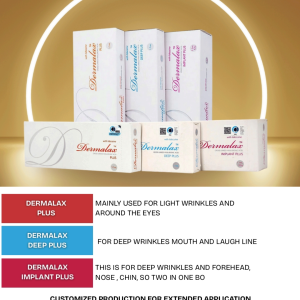 Dermalax Plus, Deep Plus and Implant Plus Korean cross-linked hyaluronic acid dermal fillers for wrinkle correction, facial volumization and contour enhancement.