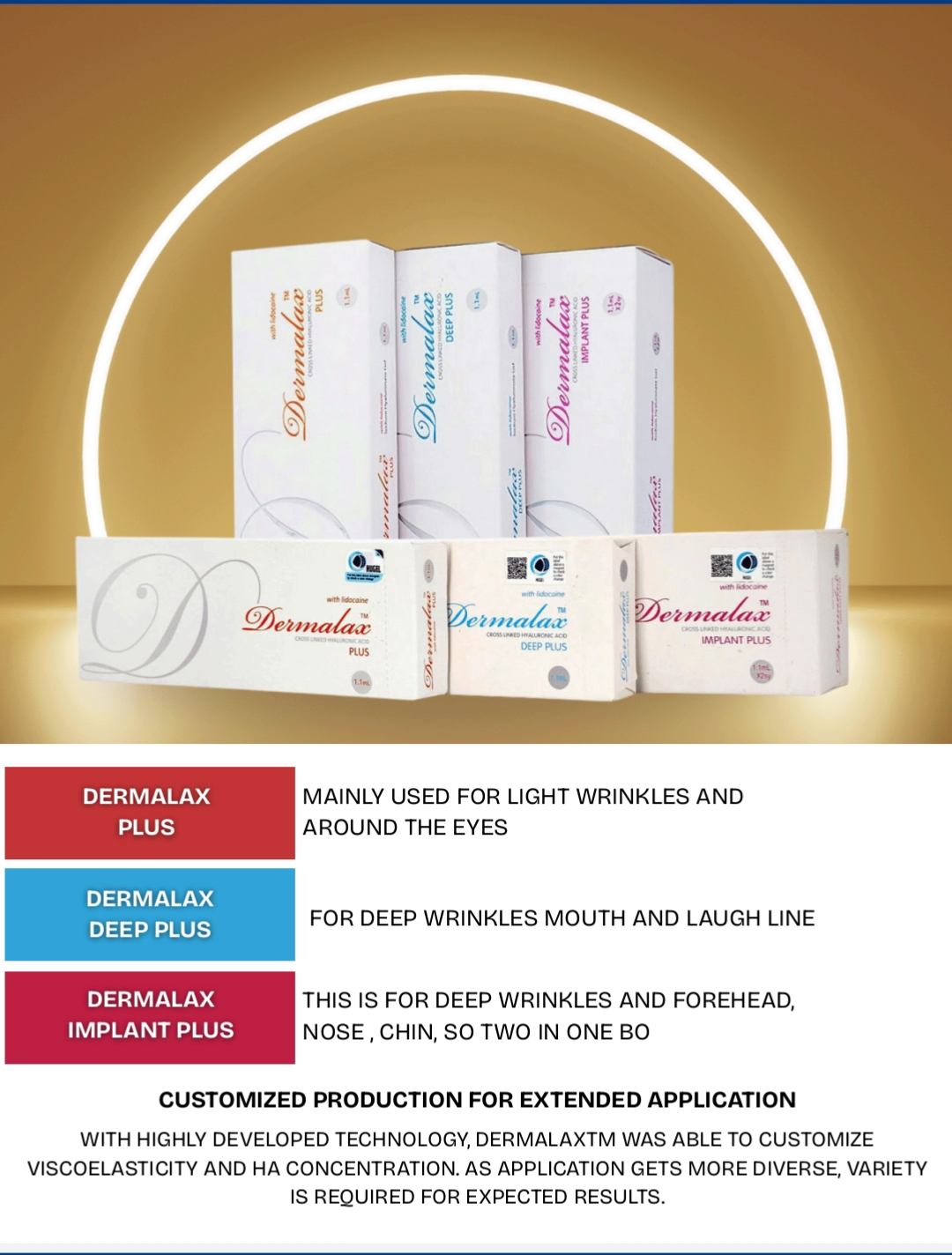 Dermalax Plus, Deep Plus and Implant Plus Korean cross-linked hyaluronic acid dermal fillers for wrinkle correction, facial volumization and contour enhancement.