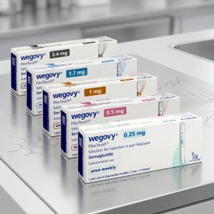 Wegovy semaglutide weekly injection pens pack displaying 0.25 mg to 2.4 mg doses by Novo Nordisk